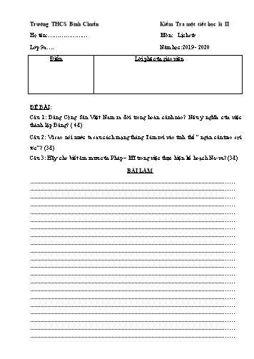 Đề kiểm tra 1 tiết học kì II môn Lịch sử Lớp 9 - Trường THCS Bình Chuẩn - Năm học 2019-2020 - Đề 3 (Có đáp án)