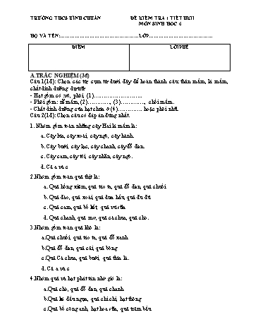 Đề kiểm tra 1 tiết học kì II môn Sinh học Lớp 6 - Trường THCS Bình Chuẩn (Có đáp án)