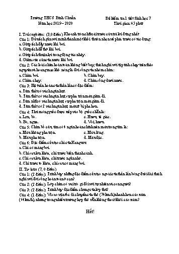 Đề kiểm tra 1 tiết học kì II môn Sinh học Lớp 7 - Trường THCS Bình Chuẩn - Năm học 2019-2020 (Có đáp án)