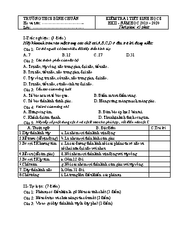 Đề kiểm tra 1 tiết học kì II môn Sinh học Lớp 8 - Trường THCS Bình Chuẩn - Năm học 2019-2020 - Đề 2 (Có đáp án)