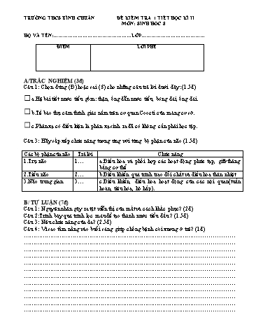 Đề kiểm tra 1 tiết học kì II môn Sinh học Lớp 8 - Trường THCS Bình Chuẩn (Có đáp án)
