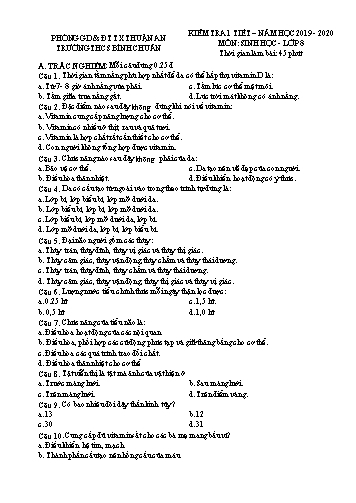 Đề kiểm tra 1 tiết học kì II môn Sinh học Lớp 8 - Trường THCS Bình Chuẩn - Năm học 2019-2020 (Có đáp án)