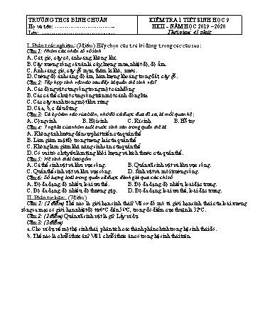 Đề kiểm tra 1 tiết học kì II môn Sinh học Lớp 9 - Trường THCS Bình Chuẩn - Năm học 2019-2020 (Có đáp án)