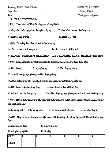 Đề kiểm tra 1 tiết học môn Vật lí Lớp 6 - Trường THCS Bình Chuẩn - Đề 1 (Có đáp án)