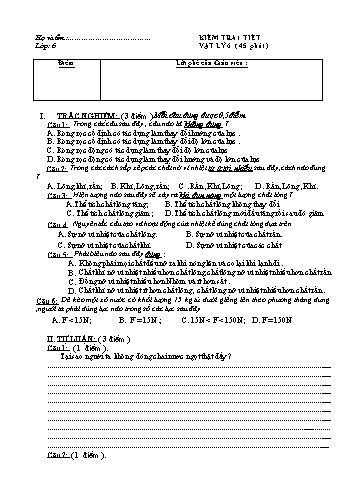 Đề kiểm tra 1 tiết học môn Vật lí Lớp 6 - Trường THCS Bình Chuẩn - Đề 4 (Có đáp án)