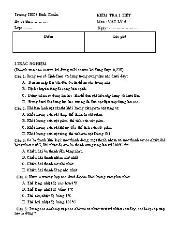 Đề kiểm tra 1 tiết học môn Vật lí Lớp 6 - Trường THCS Bình Chuẩn - Đề 2 (Có đáp án)