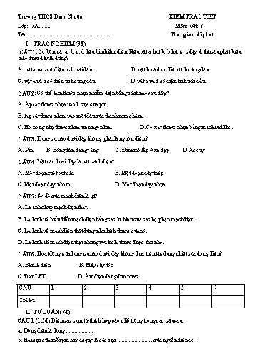 Đề kiểm tra 1 tiết học môn Vật lí Lớp 7 - Trường THCS Bình Chuẩn - Năm học 2019-2020 - Đề 2 (Có đáp án)