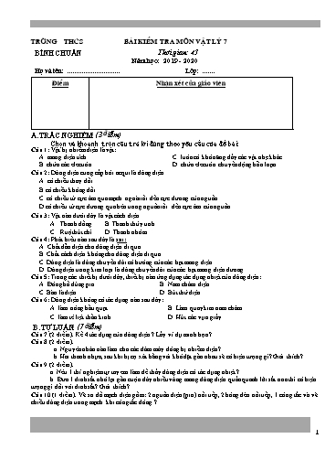 Đề kiểm tra 1 tiết học môn Vật lí Lớp 7 - Trường THCS Bình Chuẩn - Năm học 2019-2020 - Đề 1 (Có đáp án)