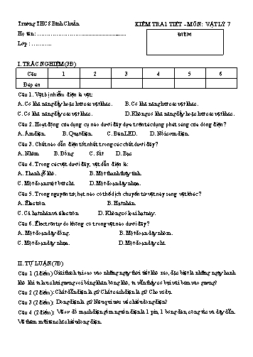 Đề kiểm tra 1 tiết học môn Vật lí Lớp 7 - Trường THCS Bình Chuẩn - Năm học 2019-2020 - Đề 3 (Có đáp án)