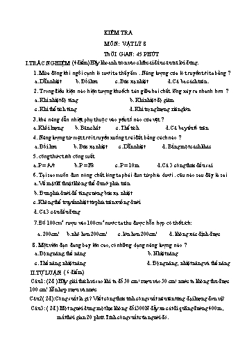 Đề kiểm tra 1 tiết học môn Vật lí Lớp 8 (Có đáp án)