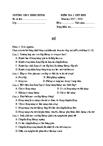 Đề kiểm tra 1 tiết học môn Vật lí Lớp 8 - Trường THCS Bình Chuẩn - Năm học 2017-2018 (Có đáp án)