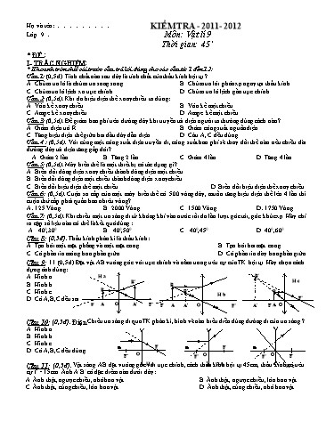 Đề kiểm tra 1 tiết học môn Vật lí Lớp 9 - Năm học 2011-2012 (Có đáp án)