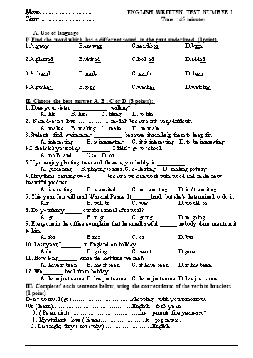Đề kiểm tra 1 tiết lần 1 môn Tiếng Anh Lớp 7 (Có đáp án)