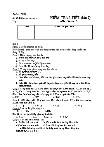 Đề kiểm tra 1 tiết lần 2 môn Hóa học Lớp 8