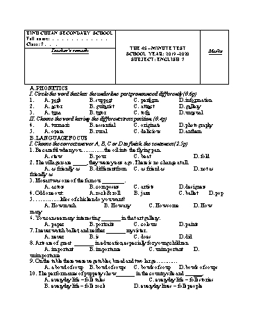Đề kiểm tra 1 tiết lần 2 môn Tiếng Anh Lớp 7 - Trường THCS Bình Chuẩn - Năm học 2019-2020 (Có đáp án)