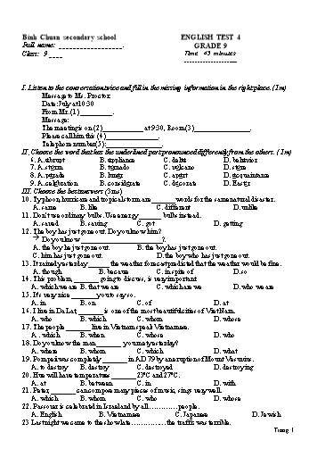 Đề kiểm tra 1 tiết lần 2 môn Tiếng Anh Lớp 9 - Trường THCS Bình Chuẩn (Có đáp án)
