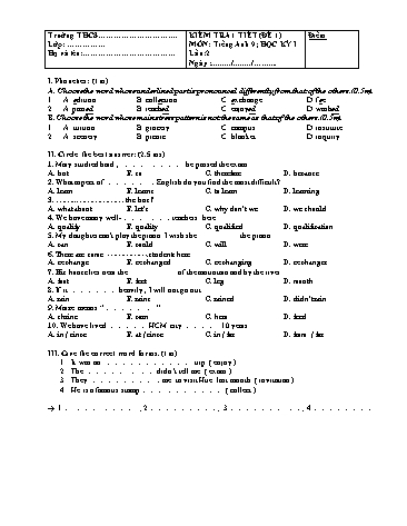 Đề kiểm tra 1 tiết lần 2 môn Tiếng Anh Lớp 9