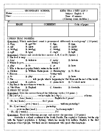 Đề kiểm tra 1 tiết lần 3 môn Tiếng Anh Lớp 6 (Có đáp án)