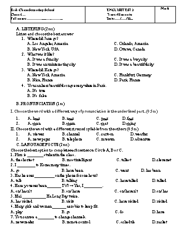 Đề kiểm tra 1 tiết lần 3 môn Tiếng Anh Lớp 6 - Trường THCS Bình Chuẩn (Có đáp án)