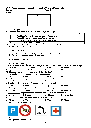 Đề kiểm tra 1 tiết lần 3 môn Tiếng Anh Lớp 7 - Trường THCS Bình Chuẩn (Có đáp án)