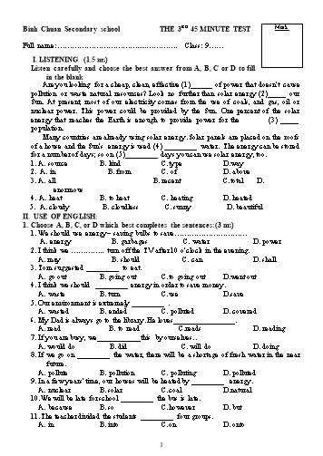Đề kiểm tra 1 tiết lần 3 môn Tiếng Anh Lớp 9 - Trường THCS Bình Chuẩn (Có đáp án)