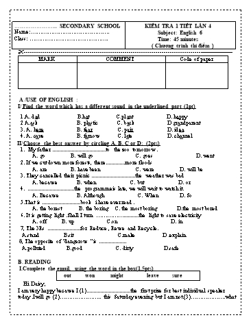 Đề kiểm tra 1 tiết lần 4 môn Tiếng Anh Lớp 6 (Có đáp án)