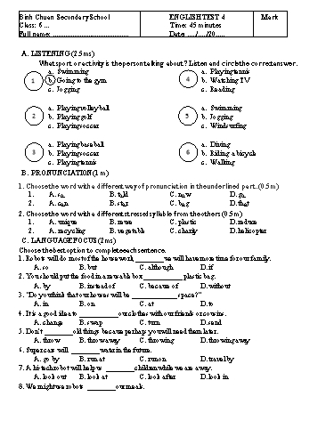Đề kiểm tra 1 tiết lần 4 môn Tiếng Anh Lớp 6 - Trường THCS Bình Chuẩn (Có đáp án)