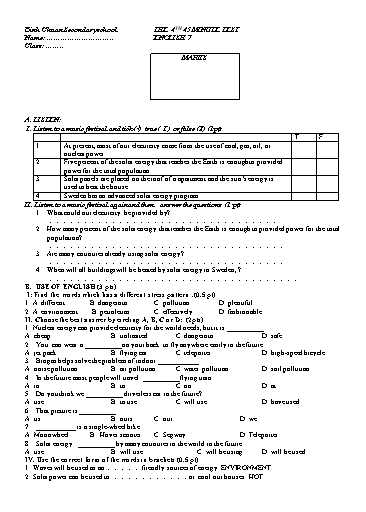 Đề kiểm tra 1 tiết lần 4 môn Tiếng Anh Lớp 7 - Trường THCS Bình Chuẩn (Có đáp án)
