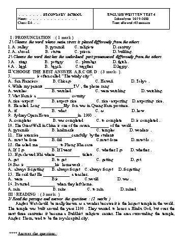 Đề kiểm tra 1 tiết lần 4 môn Tiếng Anh Lớp 8 - Năm học 2019-2020 (Có đáp án)