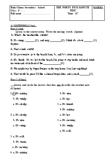 Đề kiểm tra 1 tiết lần 4 môn Tiếng Anh Lớp 8 - Trường THCS Bình Chuẩn (Có đáp án)
