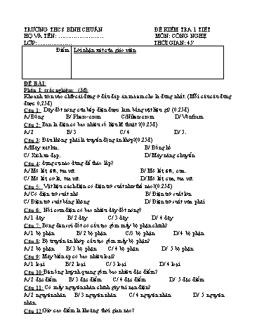 Đề kiểm tra 1 tiết môn Công nghệ Lớp 8 - Trường THCS Bình Chuẩn (Có đáp án)