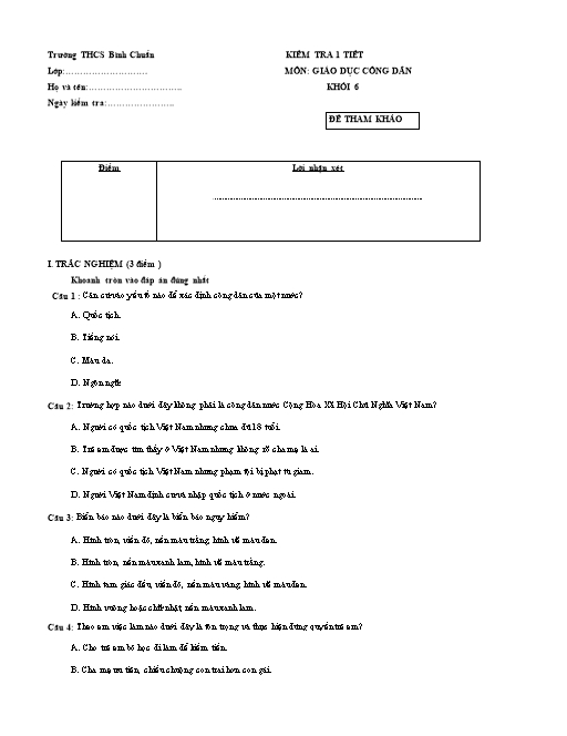 Đề kiểm tra 1 tiết môn GDCD Lớp 6 - Trường THCS Bình Chuẩn - Đề 2 (Có đáp án)