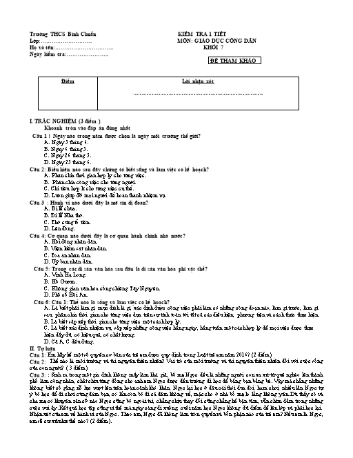 Đề kiểm tra 1 tiết môn GDCD Lớp 7 - Trường THCS Bình Chuẩn (Có đáp án)
