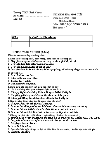 Đề kiểm tra 1 tiết môn GDCD Lớp 9 - Trường THCS Bình Chuẩn - Năm học 2019-2020 - Đề 2 (Có đáp án)