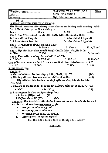 Đề kiểm tra 1 tiết môn Hóa học Lớp 8 - Trường THCS Bình Chuẩn - Đề 5