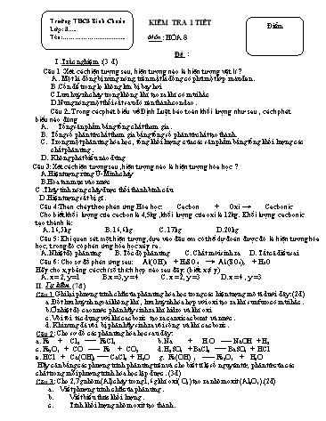 Đề kiểm tra 1 tiết môn Hóa học Lớp 8 - Trường THCS Bình Chuẩn - Đề 4