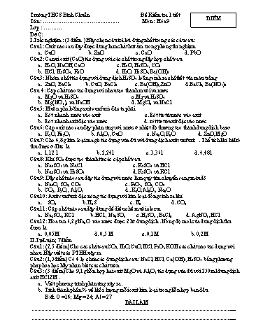 Đề kiểm tra 1 tiết môn Hóa học Lớp 9 - Trường THCS Bình Chuẩn - Đề 2