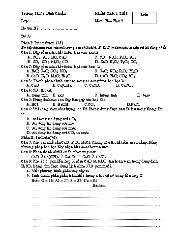 Đề kiểm tra 1 tiết môn Hóa học Lớp 9 - Trường THCS Bình Chuẩn - Đề 3