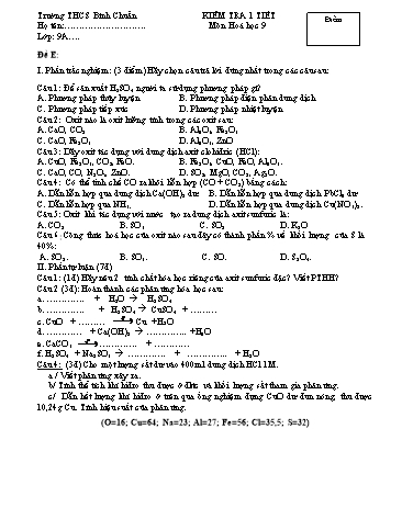 Đề kiểm tra 1 tiết môn Hóa học Lớp 9 - Trường THCS Bình Chuẩn - Đề 4