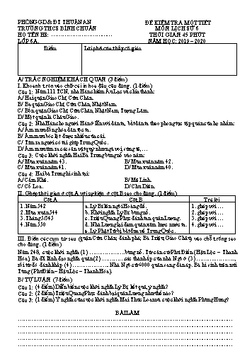 Đề kiểm tra 1 tiết môn Lịch sử Lớp 6 - Trường THCS Bình Chuẩn - Năm học 2019-2020 (Có đáp án)