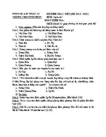 Đề kiểm tra 1 tiết môn Lịch sử Lớp 6 - Trường THCS Bình Chuẩn - Năm học 2019-2020 - Đề 2 (Có đáp án)