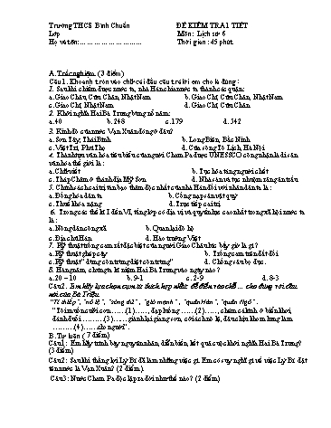 Đề kiểm tra 1 tiết môn Lịch sử Lớp 6 - Trường THCS Bình Chuẩn (Có đáp án)