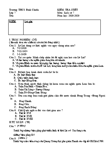 Đề kiểm tra 1 tiết môn Lịch sử Lớp 7 - Trường THCS Bình Chuẩn - Năm học 2019-2020 (Có đáp án)