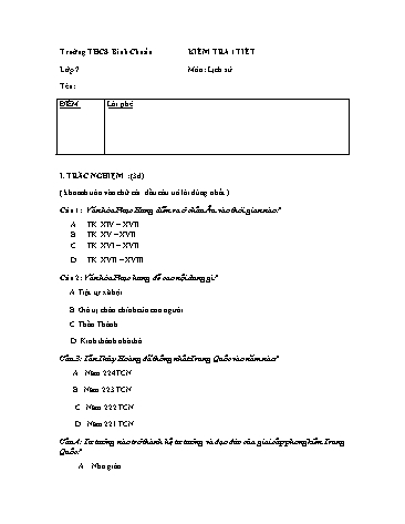 Đề kiểm tra 1 tiết môn Lịch sử Lớp 7 - Trường THCS Bình Chuẩn - Đề 2 (Có đáp án)