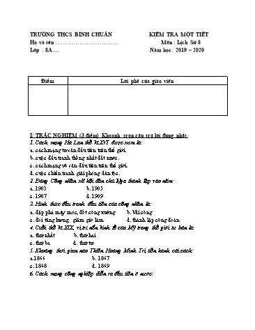 Đề kiểm tra 1 tiết môn Lịch sử Lớp 8 - Trường THCS Bình Chuẩn - Năm học 2019-2020 (Có đáp án)