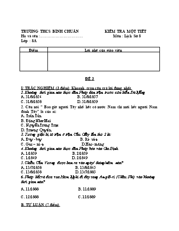 Đề kiểm tra 1 tiết môn Lịch sử Lớp 8 - Trường THCS Bình Chuẩn (Có đáp án)