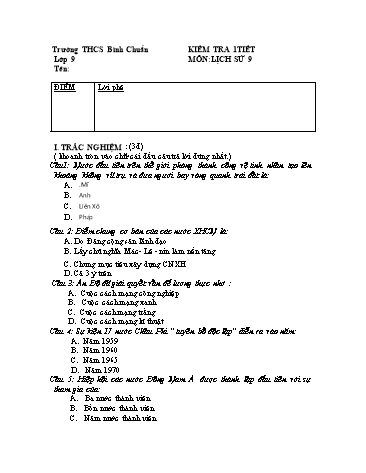 Đề kiểm tra 1 tiết môn Lịch sử Lớp 9 - Trường THCS Bình Chuẩn (Có đáp án)