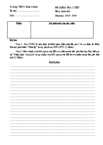 Đề kiểm tra 1 tiết môn Lịch sử Lớp 9 - Trường THCS Bình Chuẩn - Năm học 2019-2020 - Đề 1 (Có đáp án)