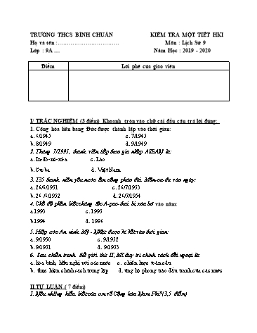 Đề kiểm tra 1 tiết môn Lịch sử Lớp 9 - Trường THCS Bình Chuẩn - Năm học 2019-2020 (Có đáp án)