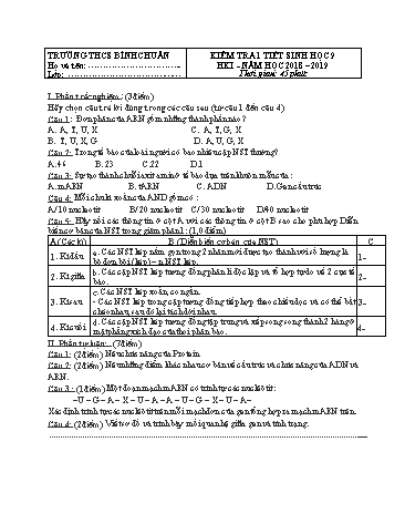 Đề kiểm tra 1 tiết môn Sinh học Lớp 9 - Trường THCS Bình Chuẩn - Năm học 2018-2019 (Có đáp án)
